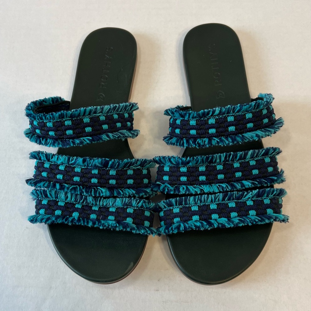 Rothy's Womens Blue Fringe Triple Fabric Strap Slide On Flat Sandals size 7 NWOT